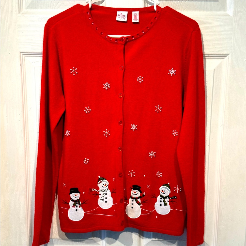 Wish for Joy cardigan sweater size.with snowmen on it.
Christmas Red Size Med